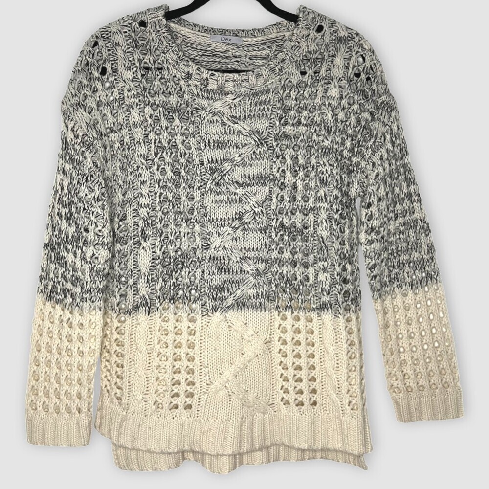 Dex Womens Sweater Medium Grey Wool Cable-Knit Long Sleeve Round Neck Pullover
